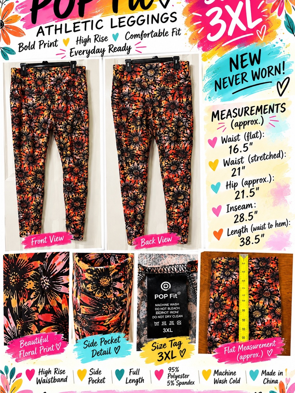 POP Fit 3XL Floral Leggings Black Orange Multicolor High Rise Pocket3XL
